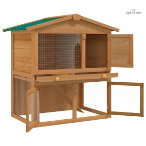 Espace extérieur sécurisé pour lapins dans un clapier à deux niveaux
