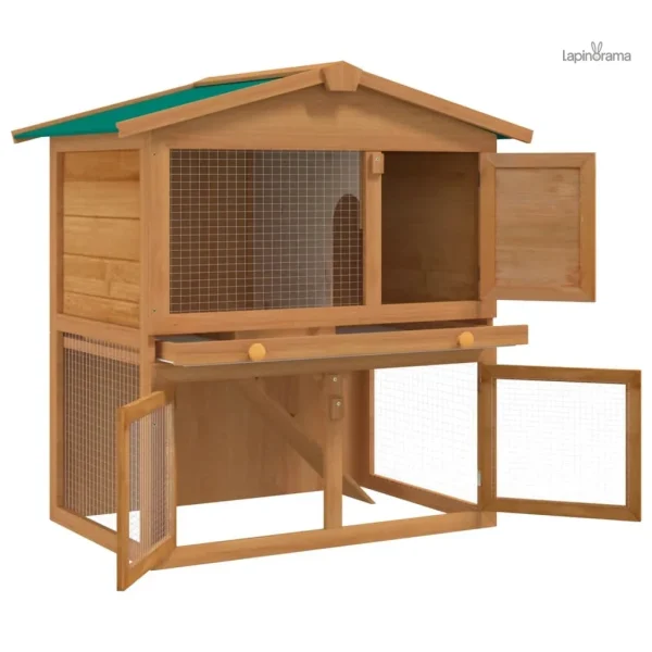 Espace extérieur sécurisé pour lapins dans un clapier à deux niveaux
